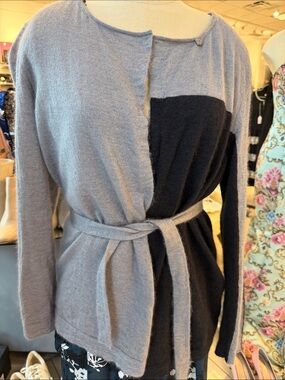 Giorgio Armani Two-Tone Belted Knit Cardigan in Gray & Black mohair